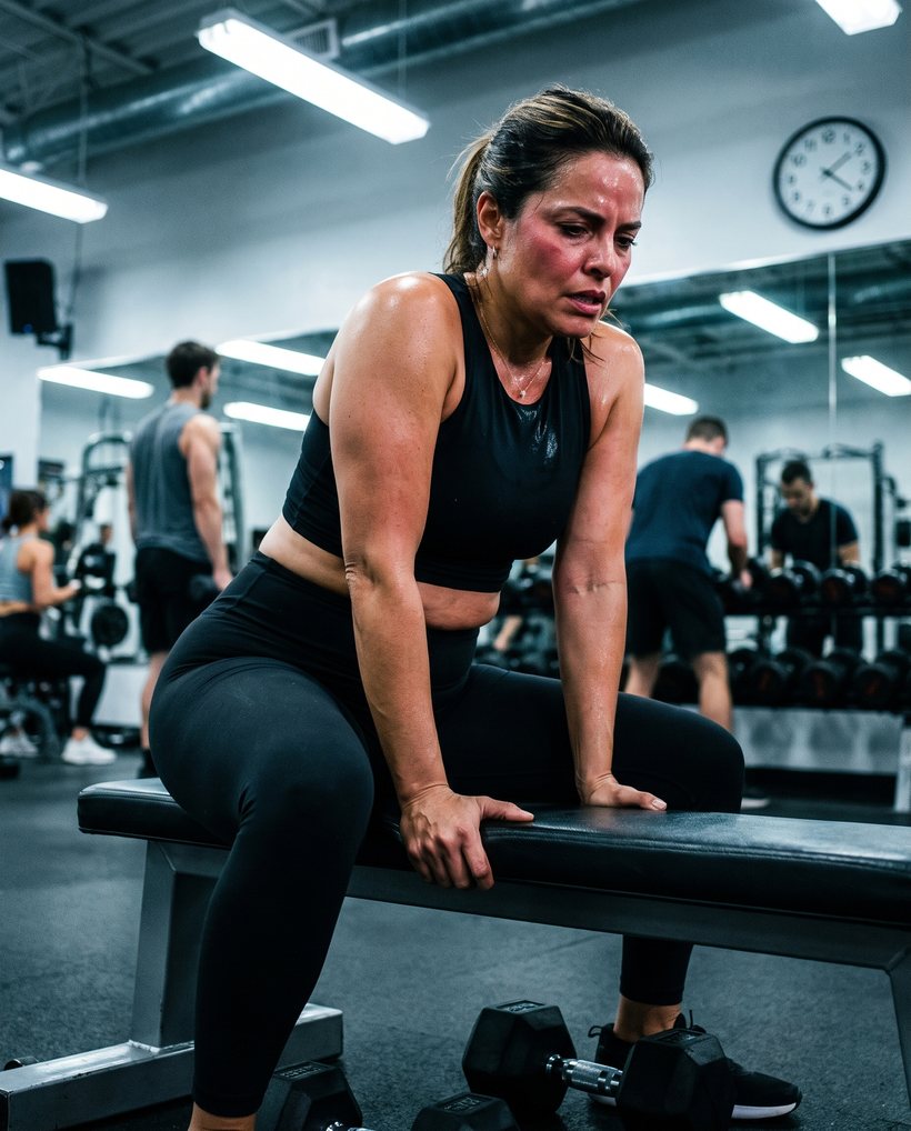 Before — exhausted and frustrated mid-workout, doing everything right with nothing to show for it